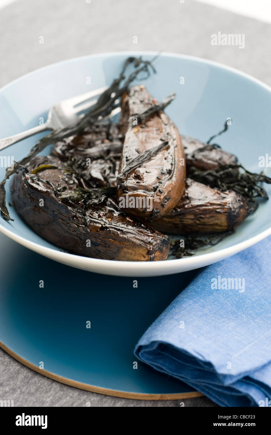 Eggplant confit with soy balsamic vinegar Stock Photo