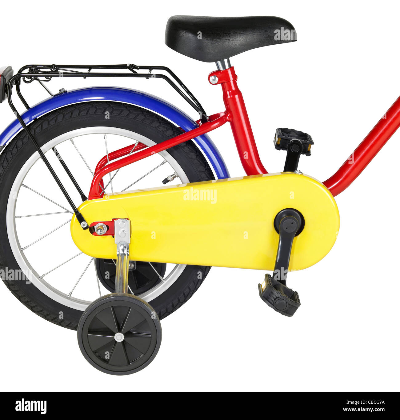 studio photography showing the detail of a colorful yuvenile bicycle in white back Stock Photo