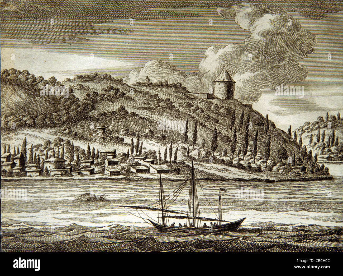 Shores of the Bosphorus Straits Istanbul Turkey. Copper Engraving by Cornelis de Bruyn 'Voyage au Levant' (1698-1704) Stock Photo