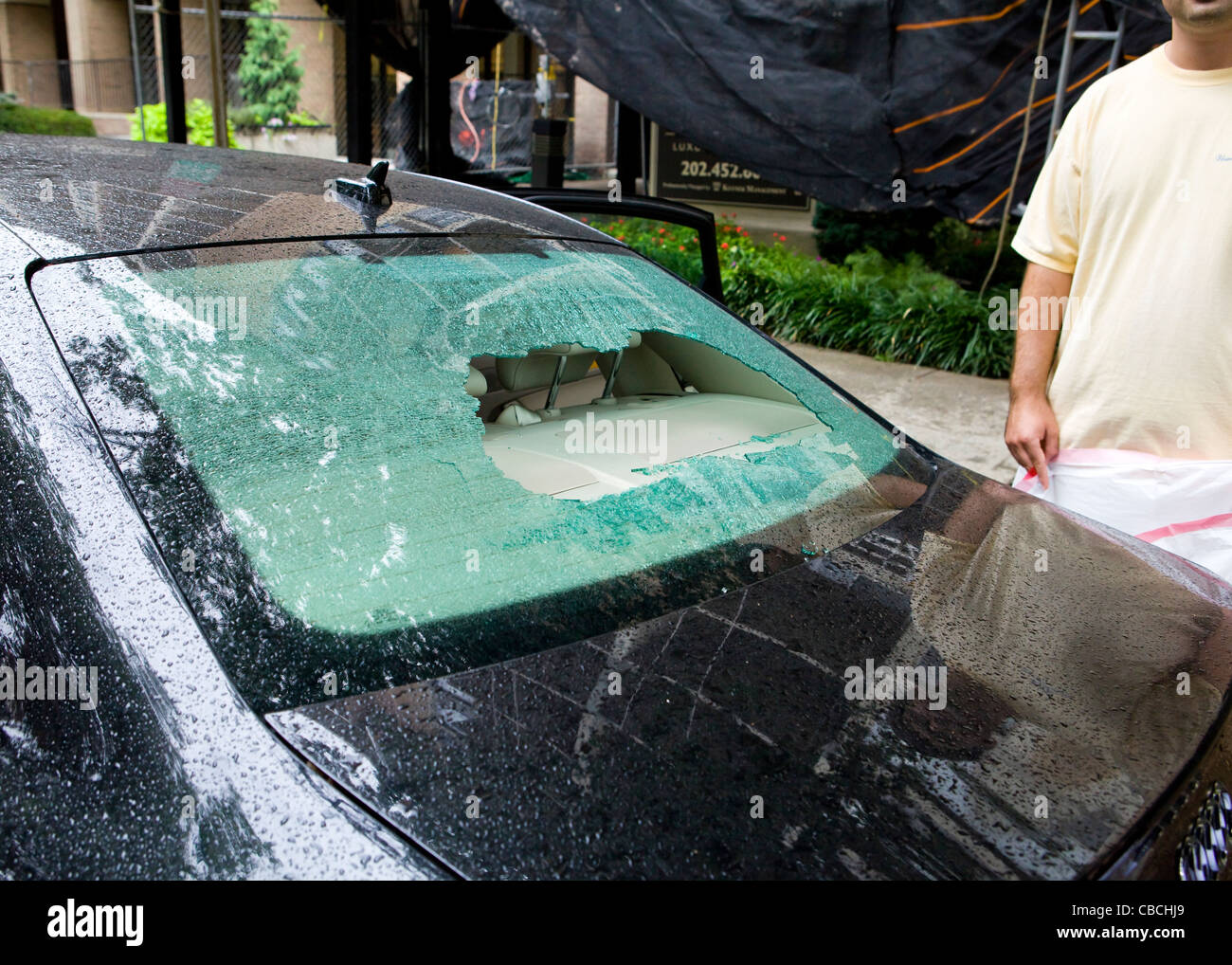 A broken car rear windshield Stock Photo