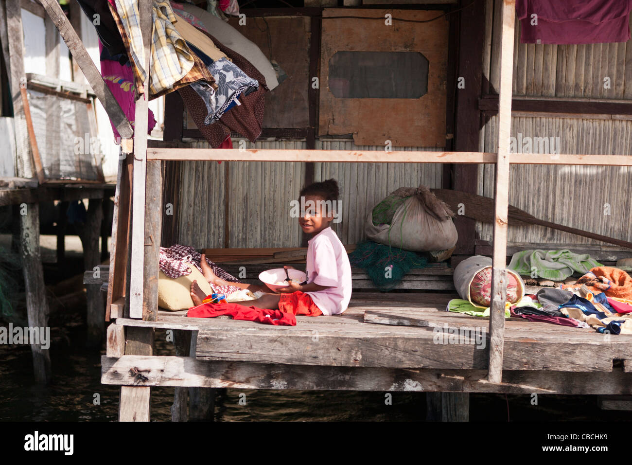 Fisherman Houses at Lake Sentani, Jayapura, West Papua, Indonesia Stock Photo