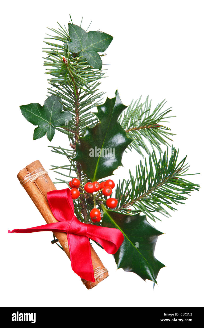 Photo of a Christmas decoration made with holly, red berries, spruce, ivy and a cinnamon stick with red bow Stock Photo