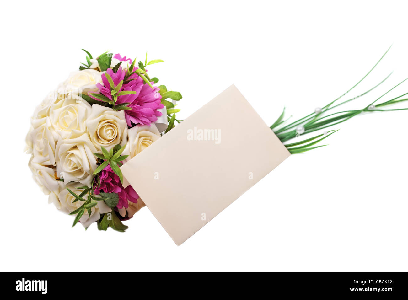 Wedding bouquet and blank envelope isolated on white background. Stock Photo