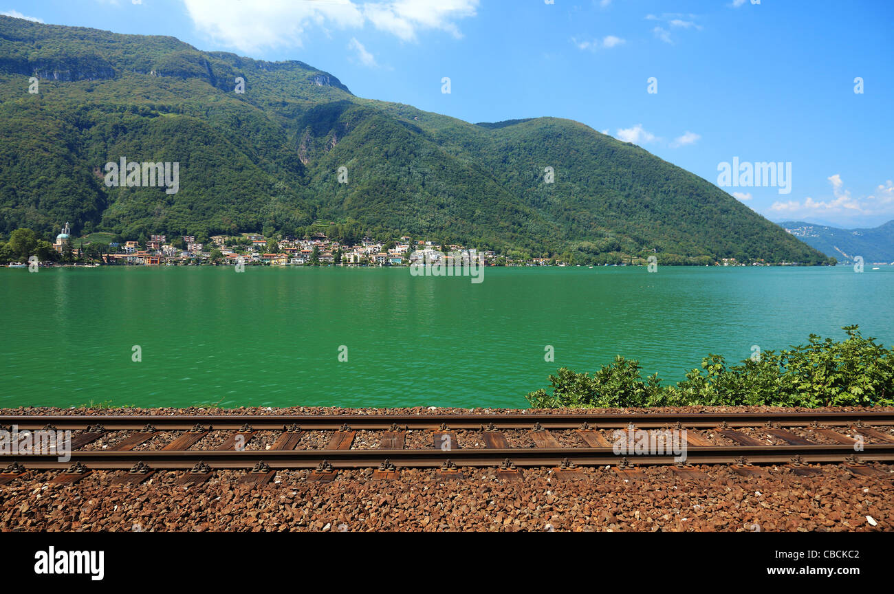 Swiss railroad near lake, Europe. Stock Photo