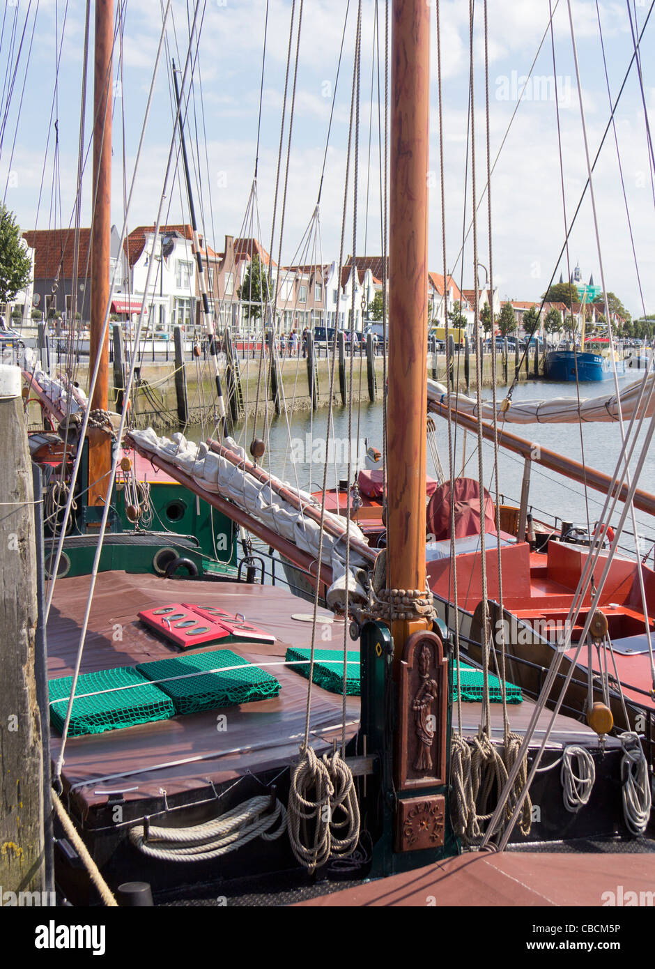 Wooden Dutch sailing barges moored at the quay in Zierikzee, Schouwen
