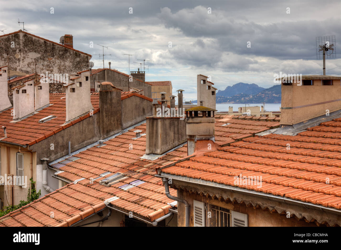 France, Cannes old town rooftop. Cote Azur or french riviera residential real estate roof view. South Provence narrow downtown center living housing. Stock Photo