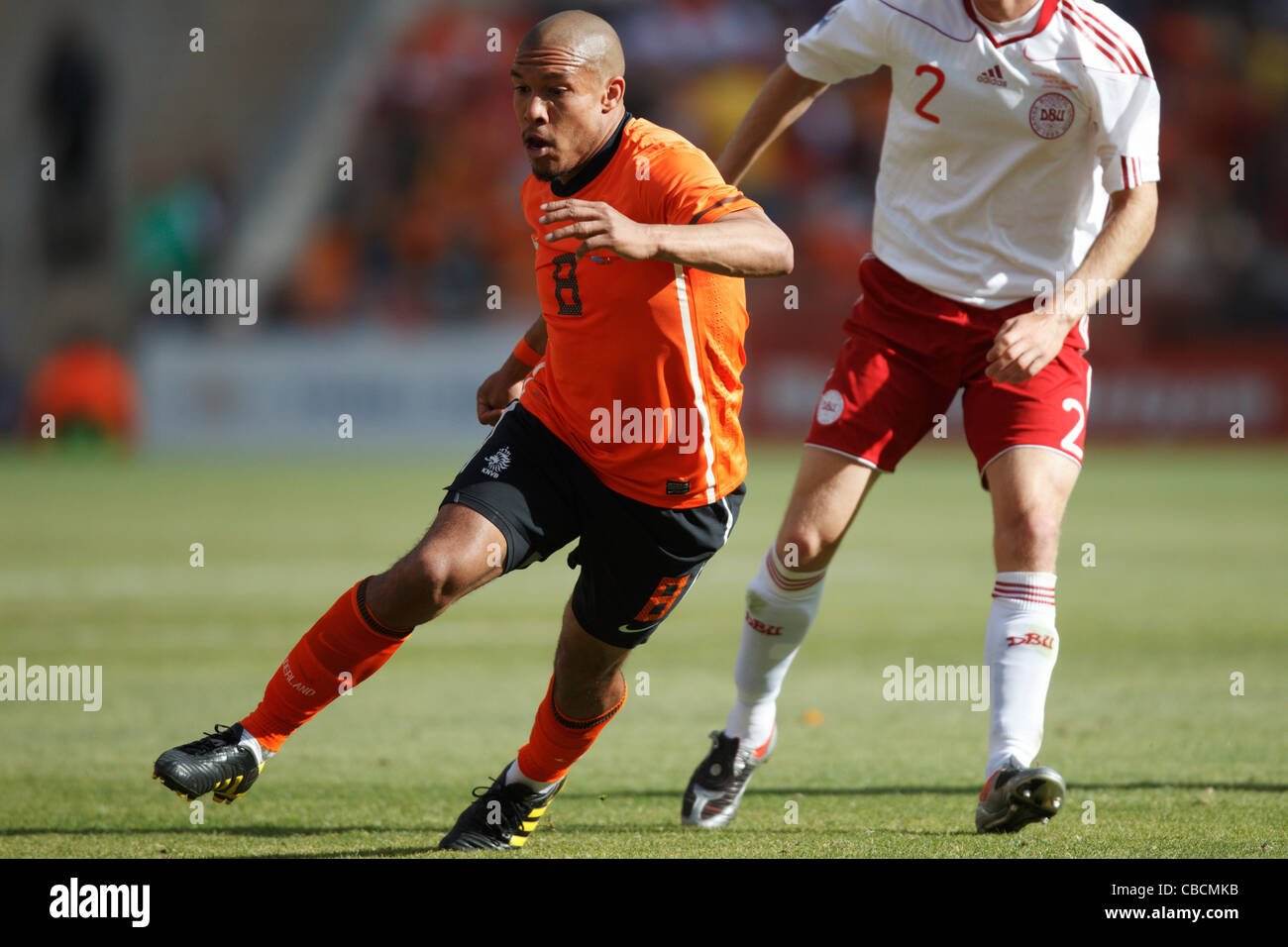 Nigel de Jong of the Netherlands in action during a FIFA World Cup match against Denmark at Soccer City Stadium. Stock Photo