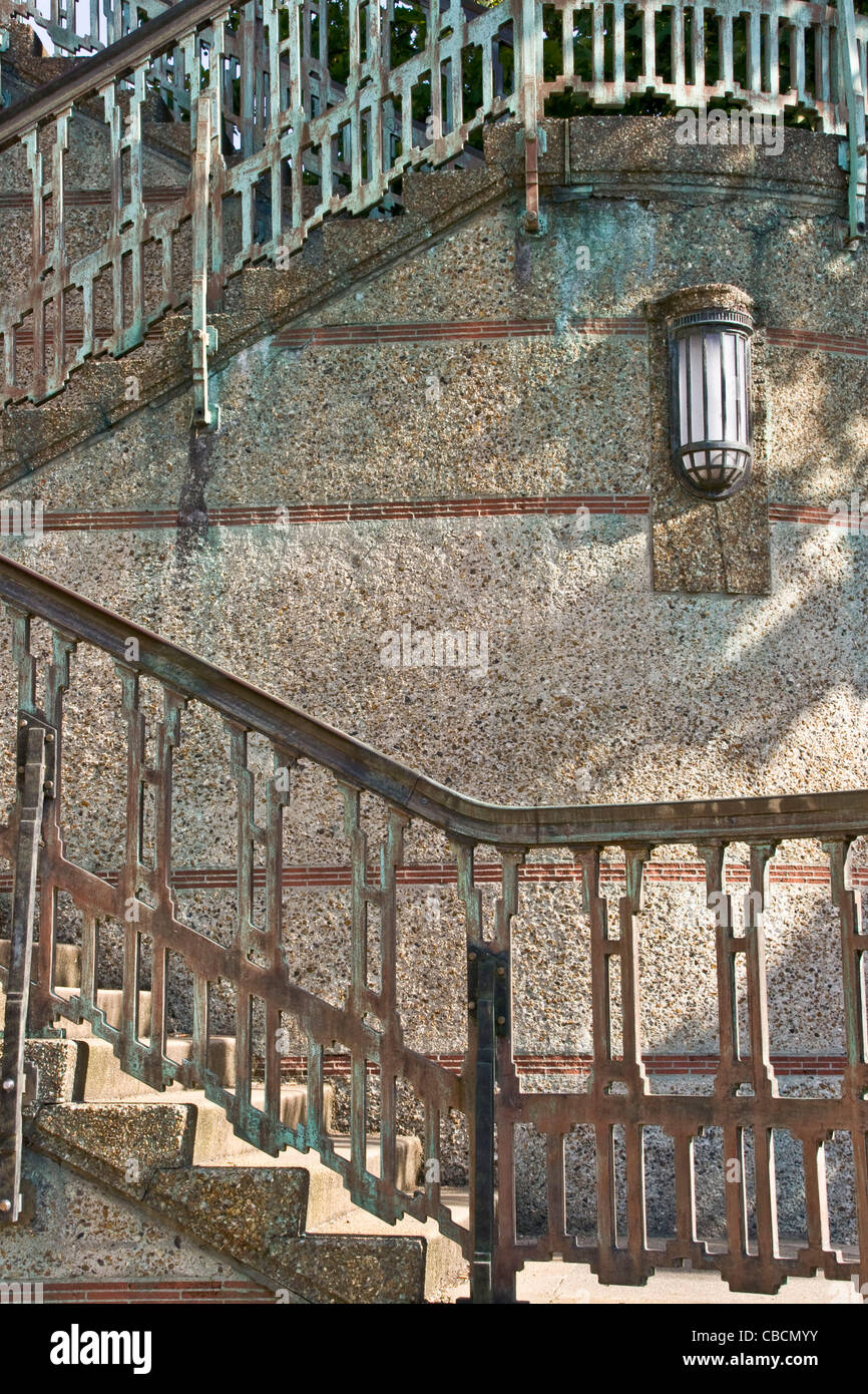 Art Deco stairway handrail lamp on grade 2 listed Twickenham Bridge by