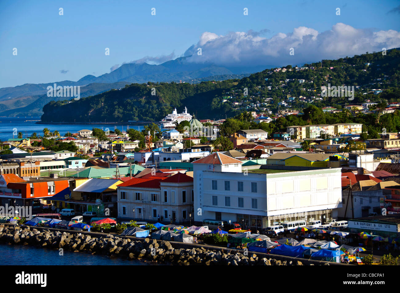 Roseau Dominica city aerial of market and cruise ship of this Eastern Caribbean cruise port Stock Photo