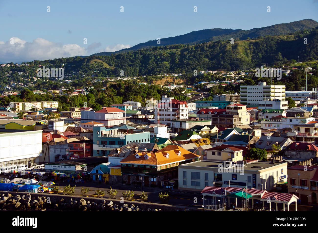 Roseau Dominica city overview above this Eastern Caribbean cruise port Stock Photo