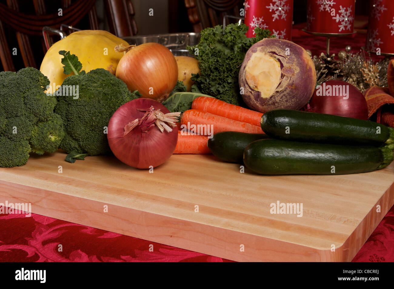 Selection Of Winter Vegetables On A Cutting Board With A Christmas