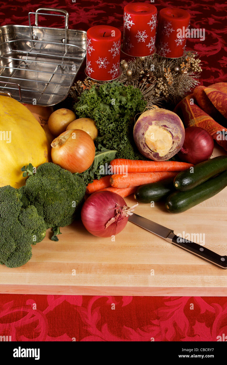 Selection Of Winter Vegetables On A Cutting Board With A Red Table Stock Photo Alamy