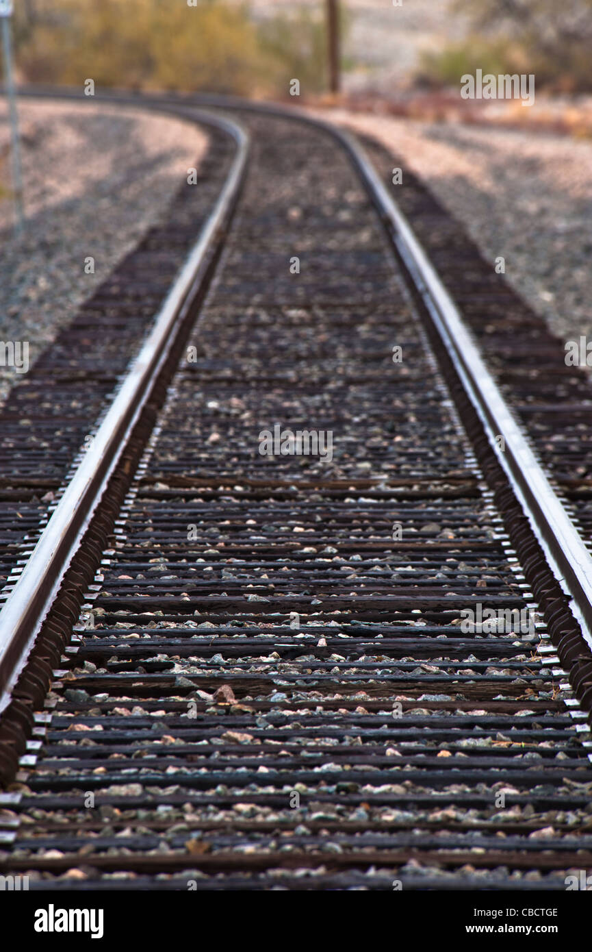 View of these wide train tracks north of Coolidge, Arizona. Still in use by the BNSF. Stock Photo