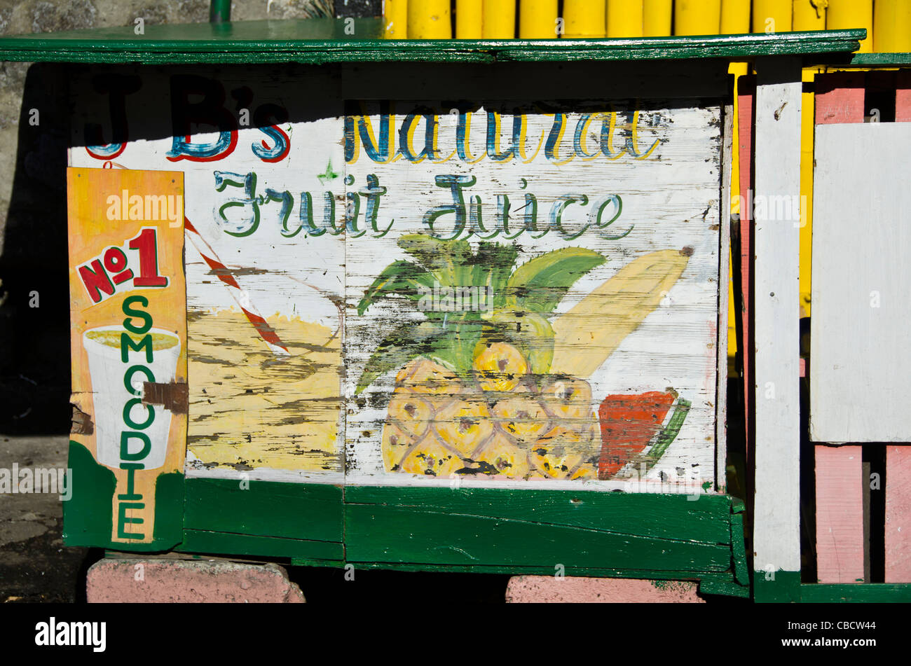 Old weathered Natural Fruit Juice sign, Roseau Dominica in the Eastern Caribbean Stock Photo