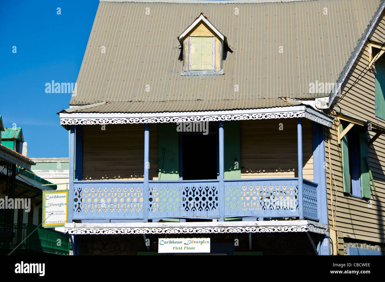 Roseau Dominica blue house in colonial French Style architecture Stock Photo