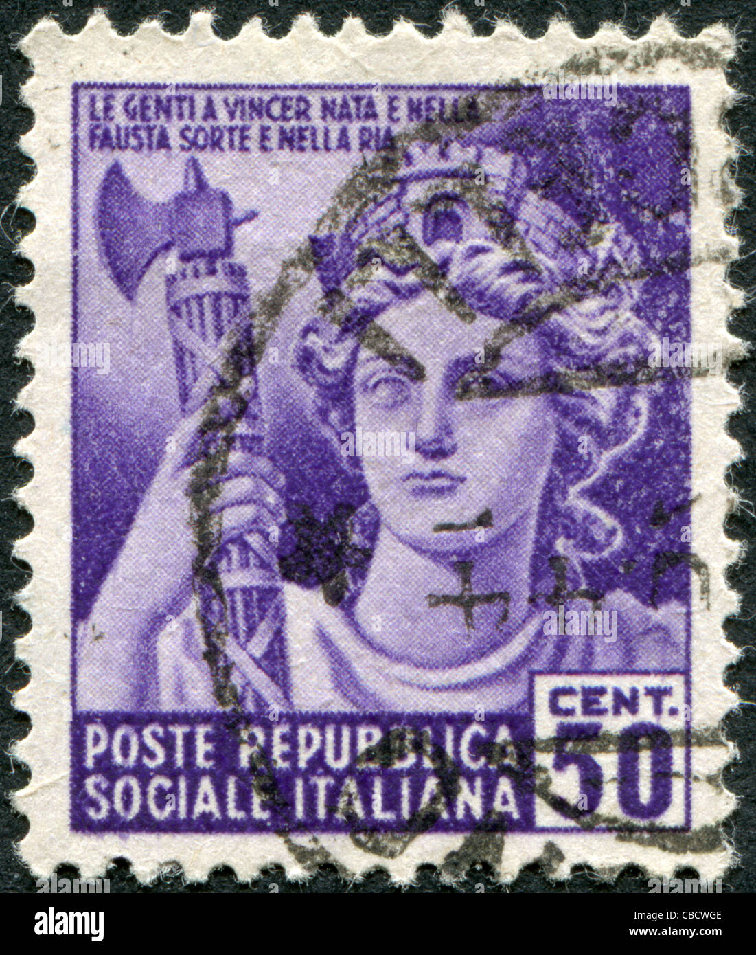 ITALY - CIRCA 1944: A stamp printed in Italy, shows an allegory Italia Turrita, circa 1944 Stock Photo