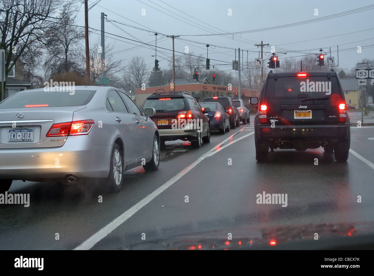 Bumper to bumper traffic on rainy day. Stock Photo