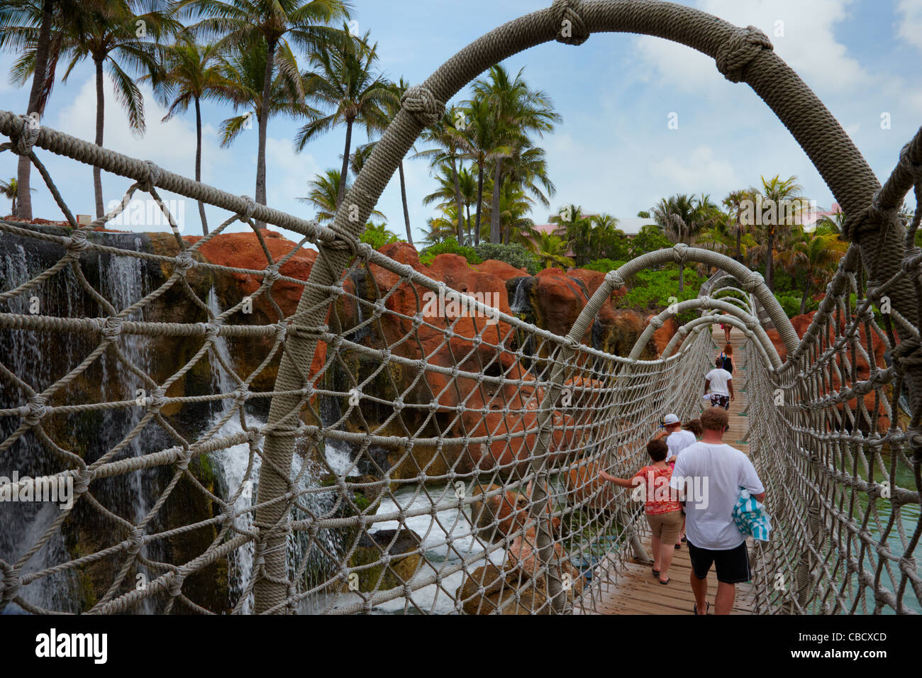 Rope bridge over Predator Lagoon, Atlantis Resort, Paradise Island, Bahamas, Caribbean Stock Photo