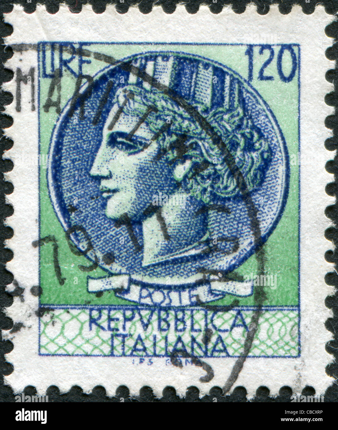 ITALY - CIRCA 1977: A stamp printed in Italy, is shown Italia Turrita after Syracusean Coin, circa 1977 Stock Photo