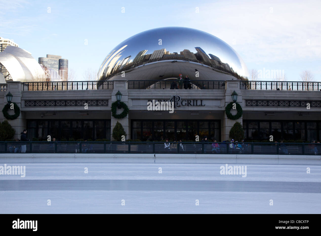 Cloud Gate sculpture Millennium Park ice rink Chicago Illinois Stock
