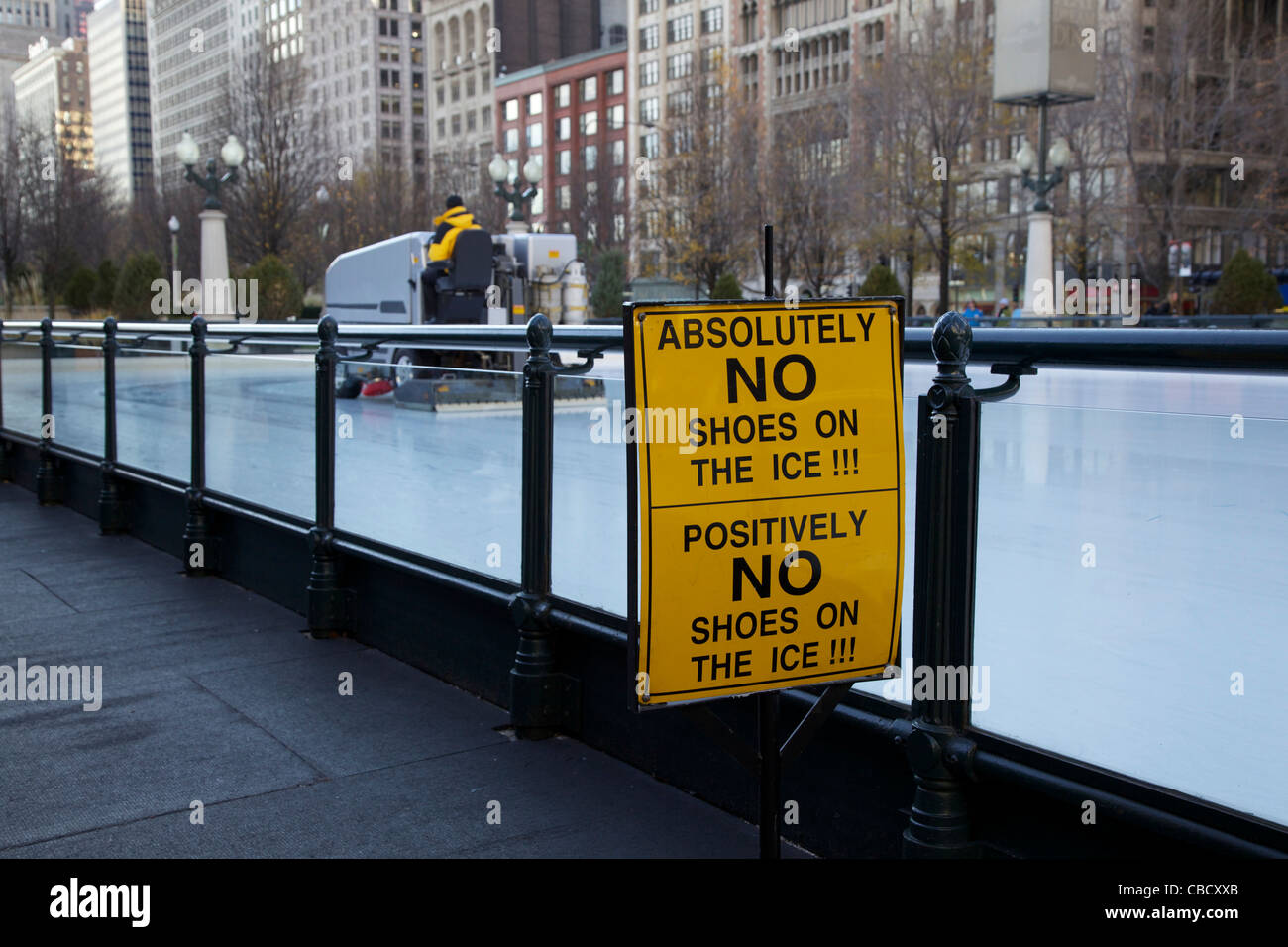 No shoes on ice sign Millennium Park Ice Rink grooming machine Chicago  Illinois Stock Photo - Alamy