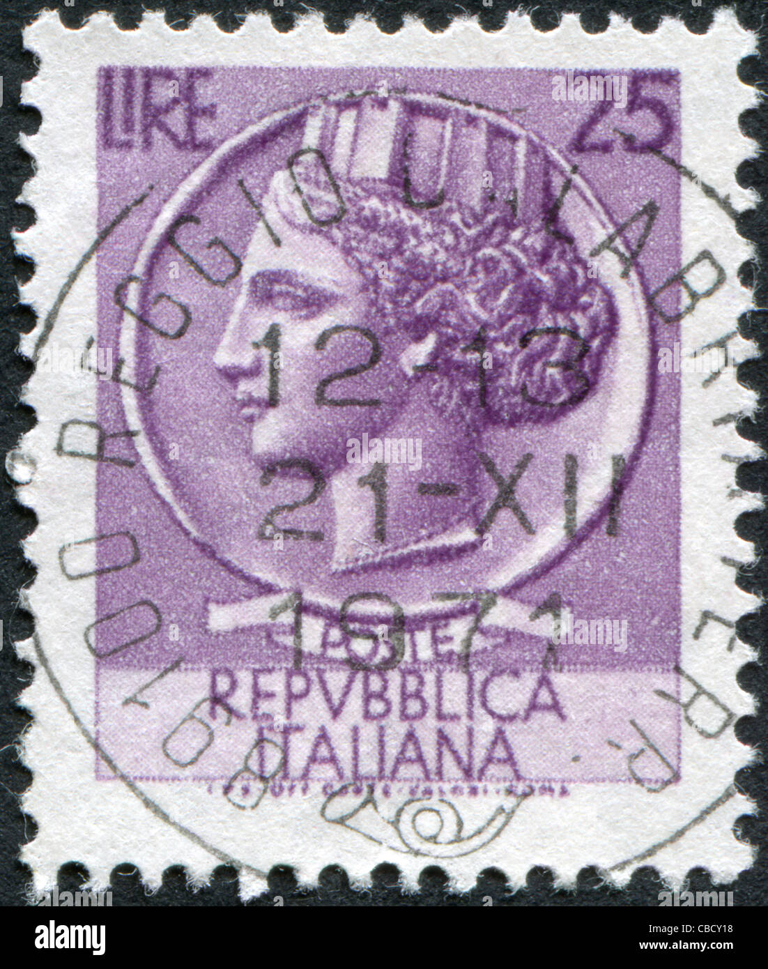 ITALY - CIRCA 1968: A stamp printed in Italy, is shown Italia Turrita after Syracusean Coin, circa 1968 Stock Photo