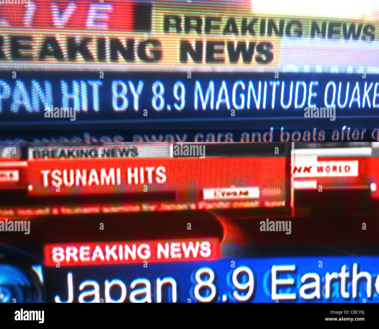 A montage of TV news coverage of the 8.9 magnitude earthquake in Japan on March 11, 2011. Stock Photo