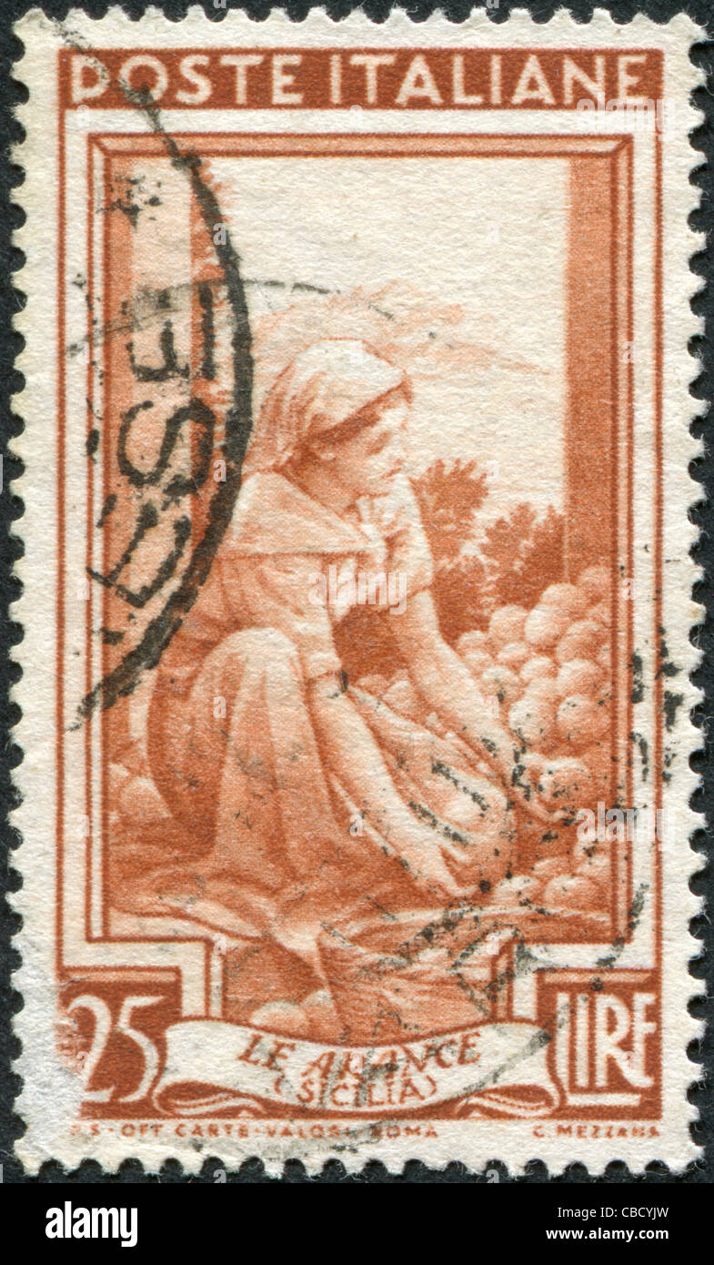 ITALY - CIRCA 1950: A stamp printed in Italy, is shown Sorting oranges, Mount Pellegrino (Sicily), circa 1950 Stock Photo