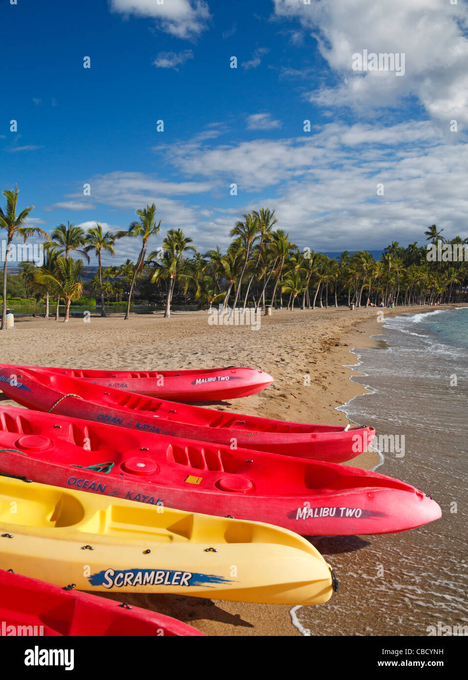 Kayaks beached at Anaehoomalu Beach in Waikoloa Stock Photo