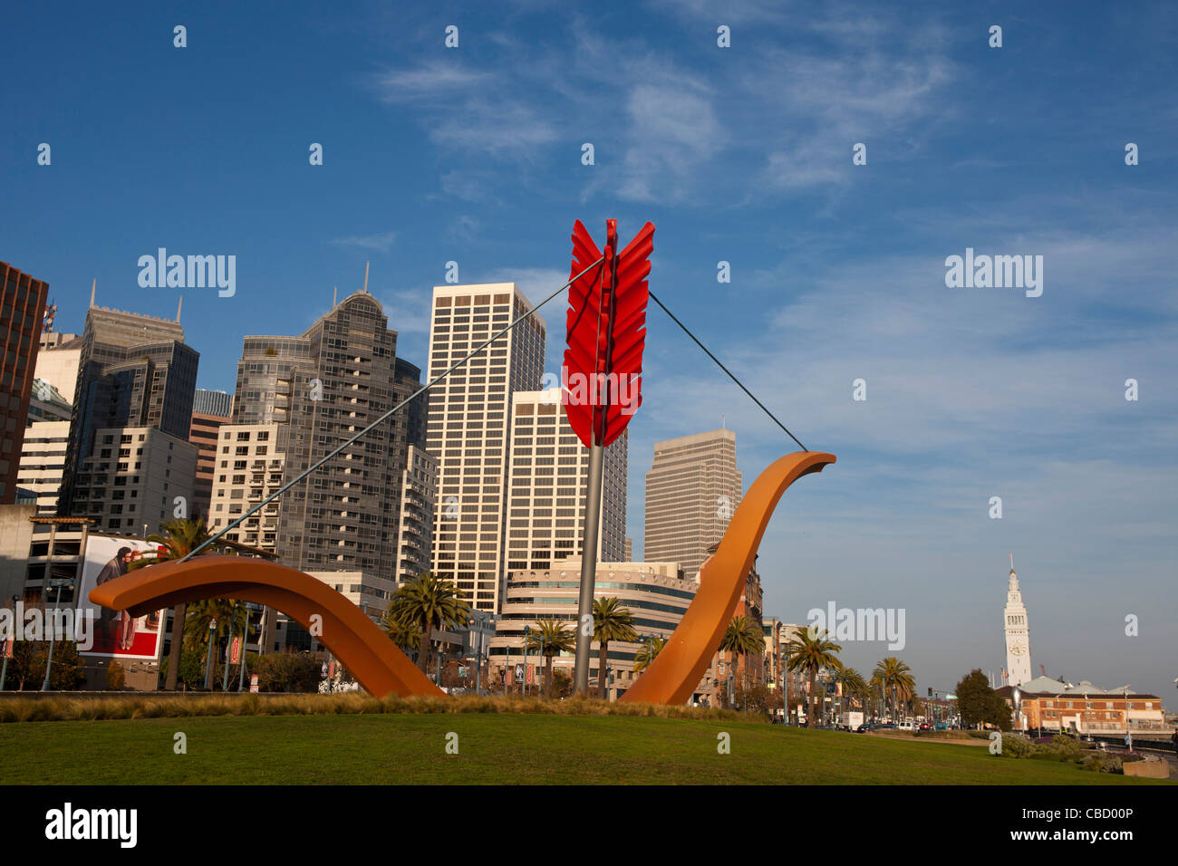 Cupid's Span sculpture with skyline in background, Rincon Park, San Francisco, California, United States of America Stock Photo