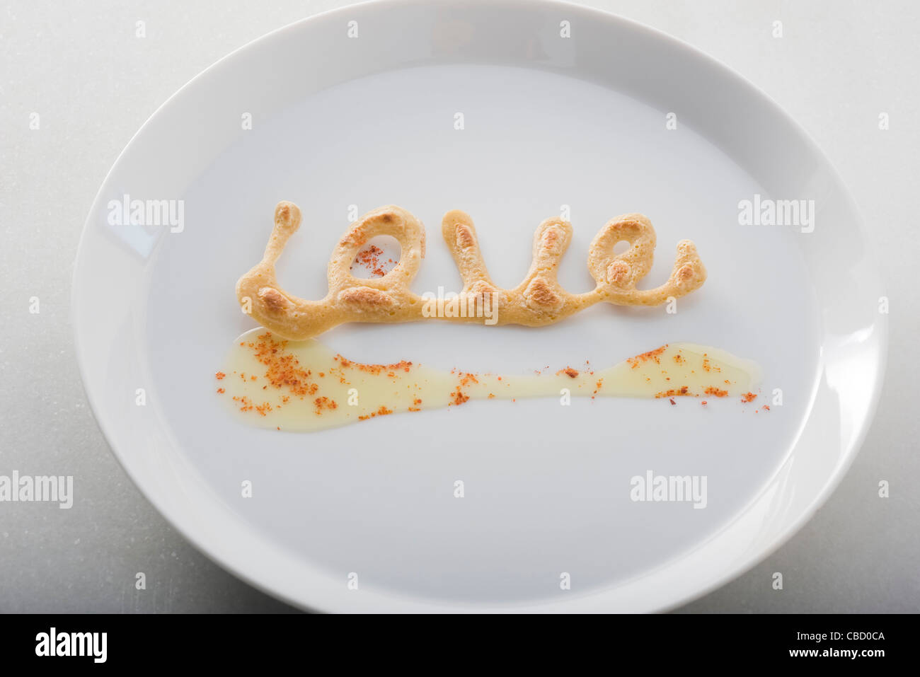 Pancake spells 'LOVE' Stock Photo
