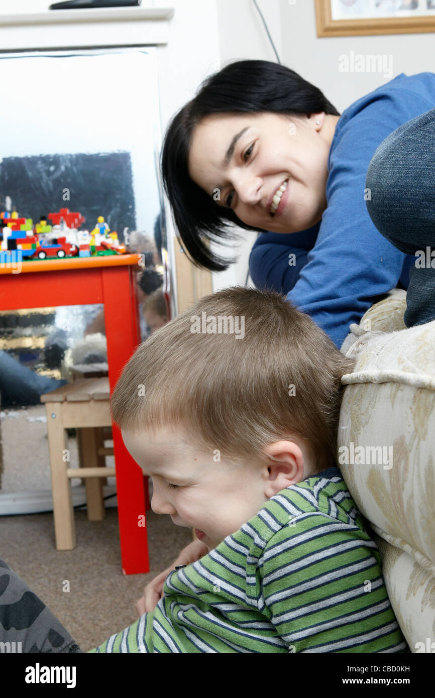mum with young son play together Stock Photo