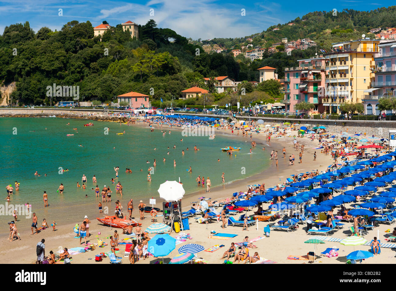 Tourists on the beach, Lerici, Province of La Spezia, Liguria, Italy, Europe Stock Photo