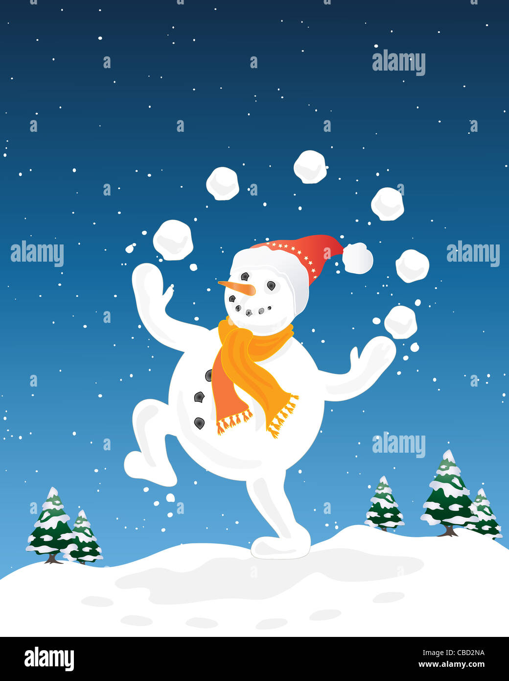 an illustration of a happy snowman juggling snowballs with a backdrop ...
