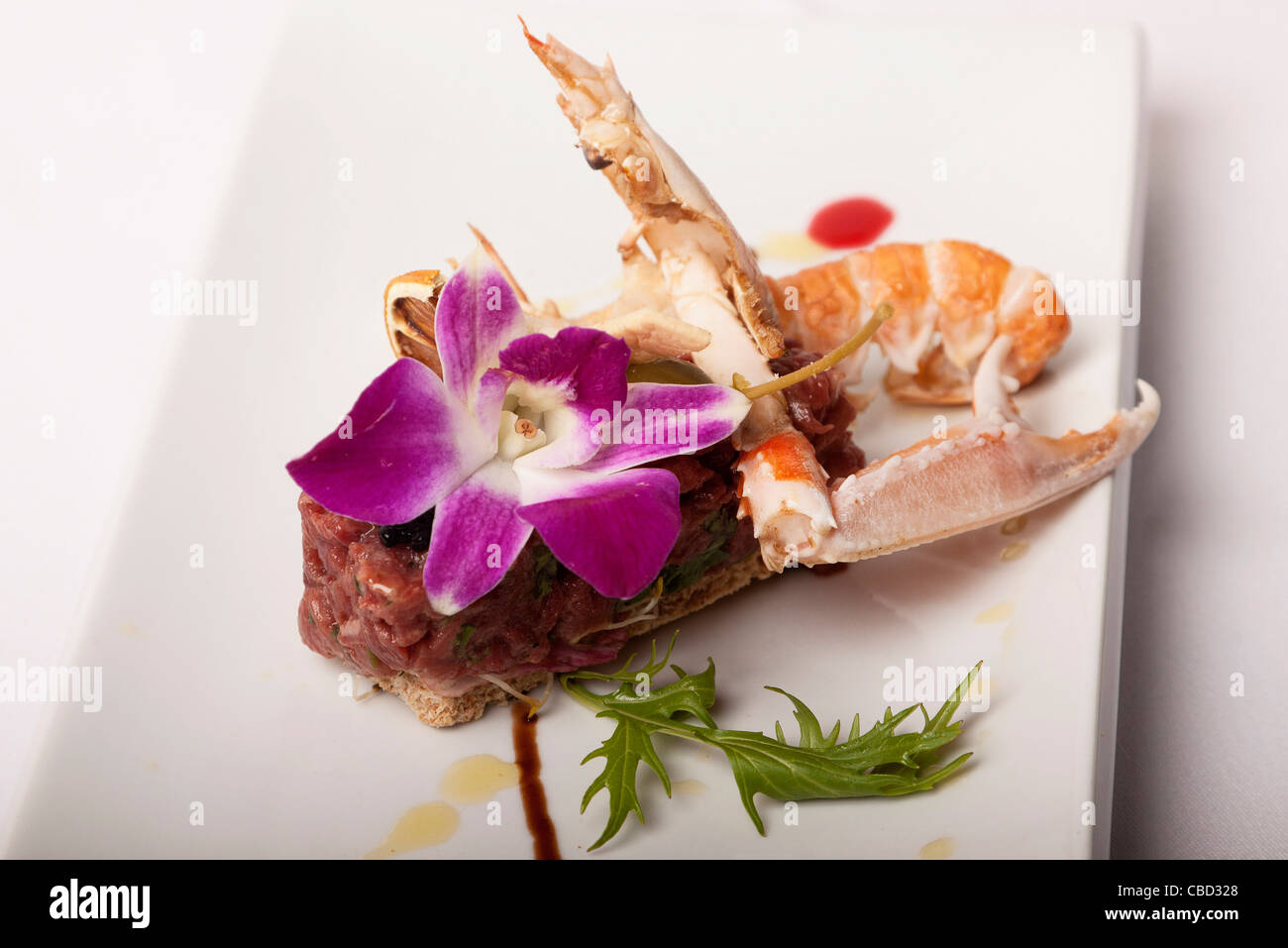 Charolais beef tenderloin tartare and grilled langoustine tail with soy