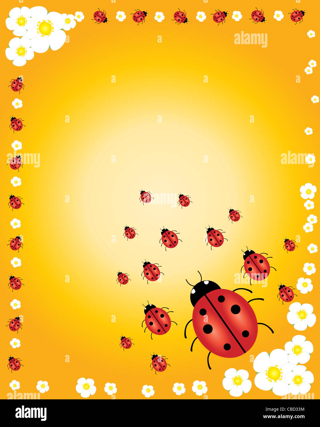 an illustration of ladybugs with white flowers on a honey color ...