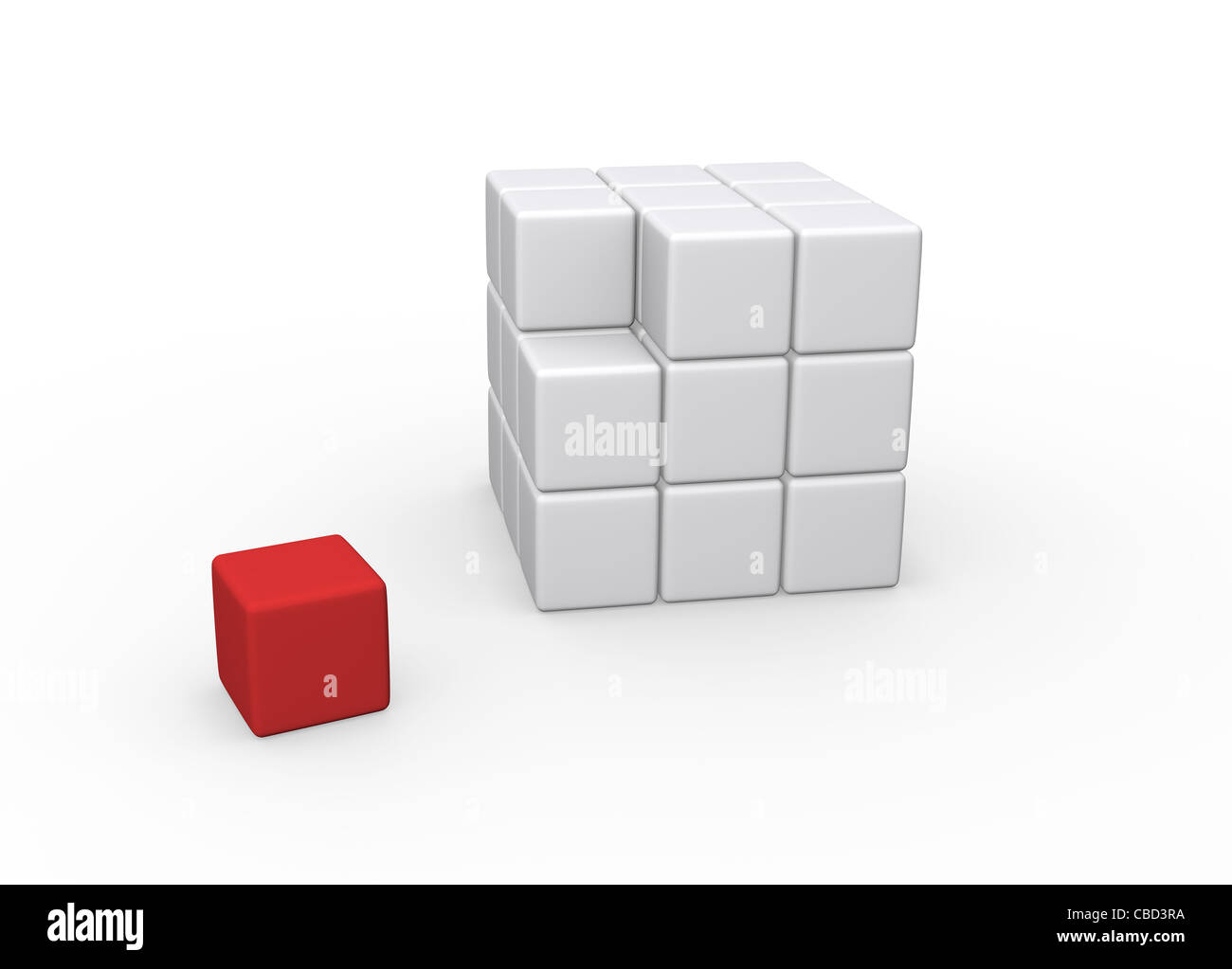 Red building block, to complete the cube; good for business concept. Large 3D render on a isolated white background. Stock Photo