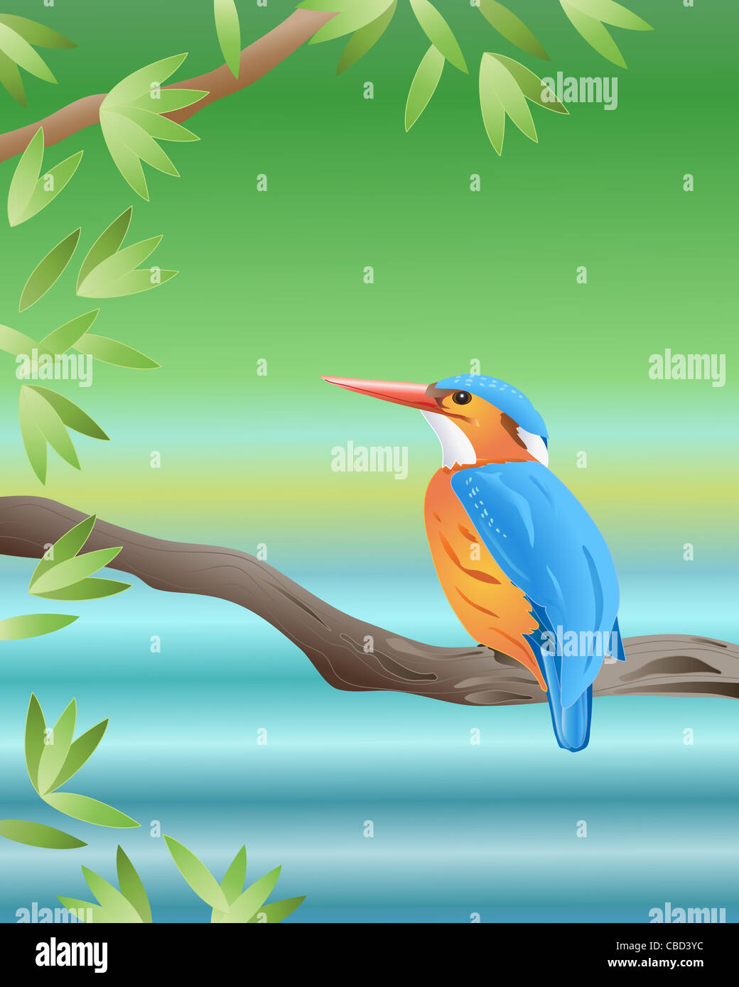 an illustration of a malachite kingfisher sitting on a branch by a ...