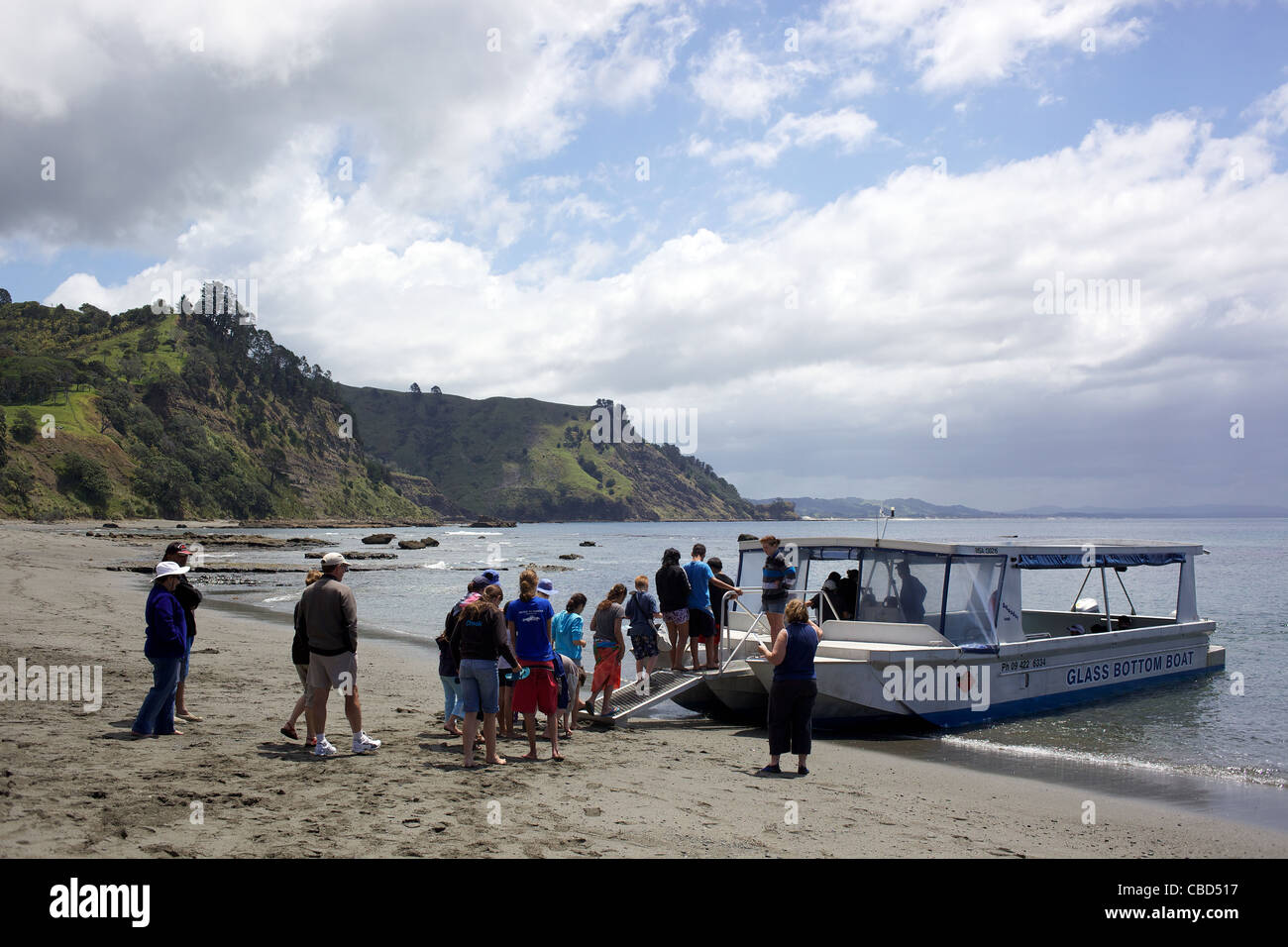 People board the Glass Bottom Boat at Goat Island Marine Reserve, Leigh