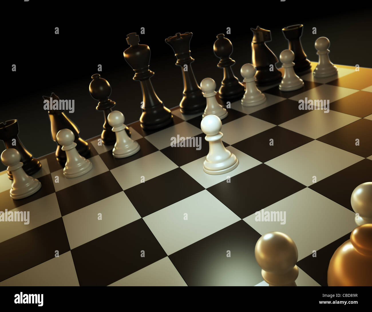 A completed chess game setup on a table with opposing chairs in a dark room  backlit by a bright window light - 3D render Stock Photo - Alamy