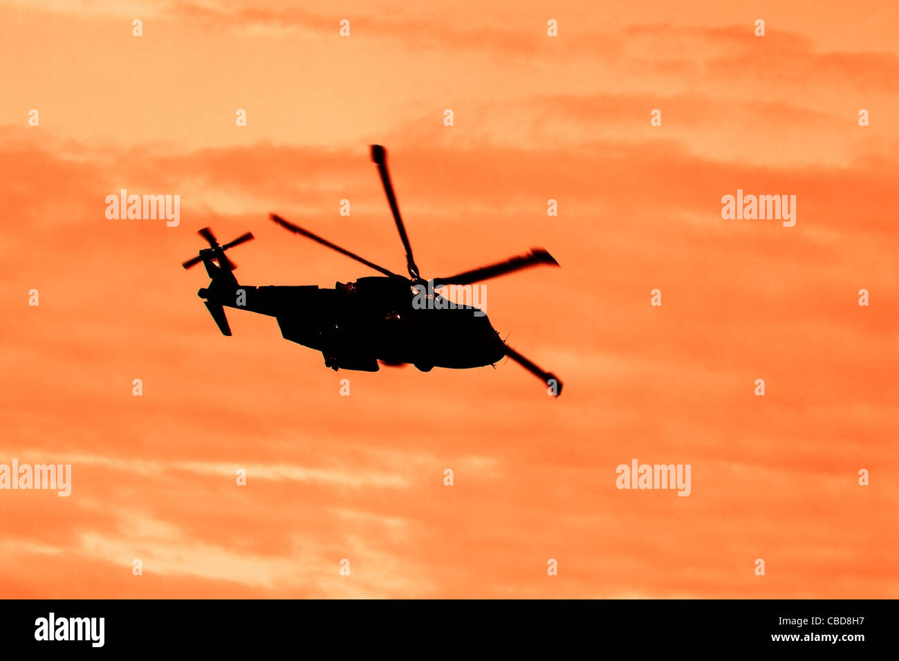 Agusta Westland EH1 EH101 Merlin HC3 ZJ119 in flight at sunset Stock Photo
