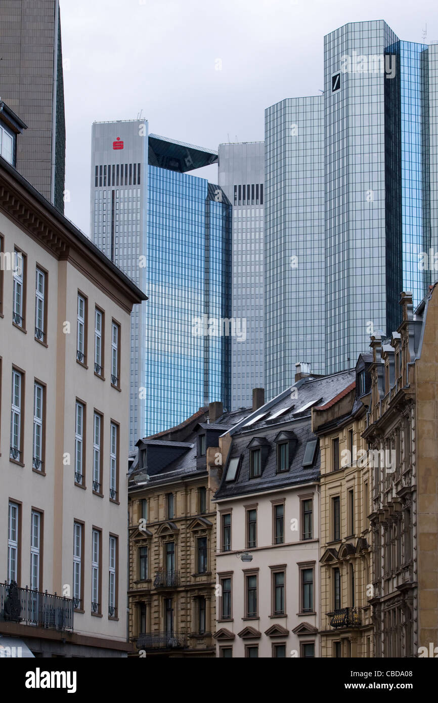 Frankfurt am Main Gründerzeit-style architecture overlooked with modern city skyscrapers. Stock Photo