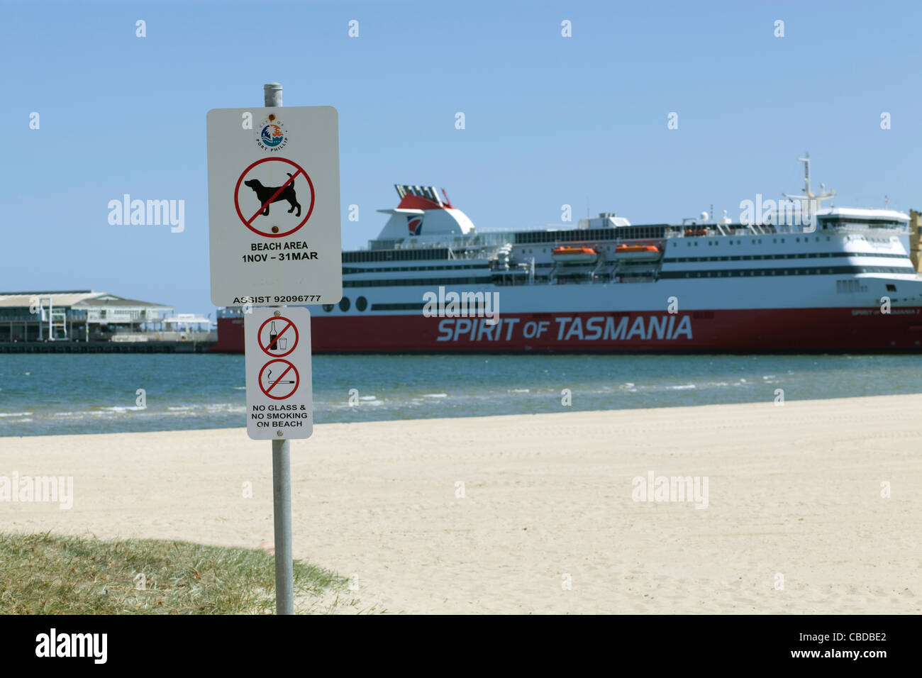 Spirit of Tasmania ferry in Port Melbourne, Victoria, Australia with a dog's banned sign. Stock Photo