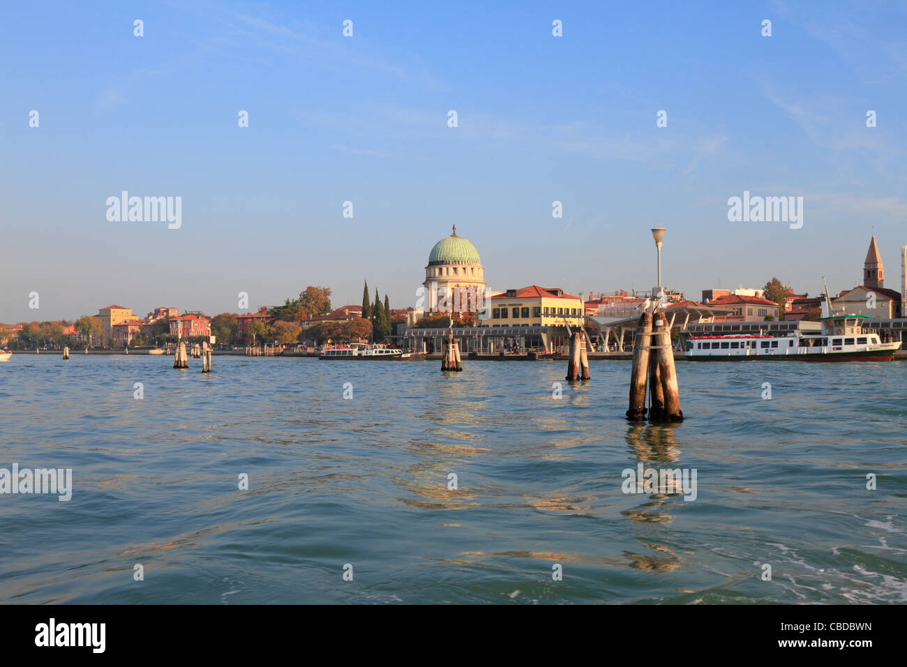 Lido vaporetto Actv boat Station, Panorama Hotel and Santa Maria Elisabetta Church, Venice, Italy, Europe. Stock Photo