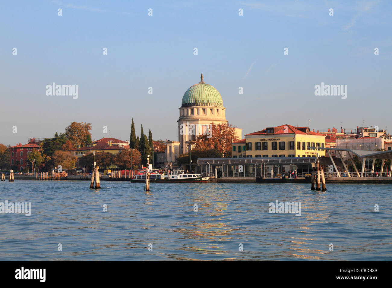 Lido vaporetto Actv boat Station, Panorama Hotel and Santa Maria Elisabetta Church, Venice, Italy, Europe. Stock Photo