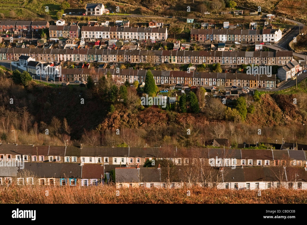 Welsh Terraced Cottages in the Rhondda Fach valley south Wales in late winter afternoon sunlight Stock Photo