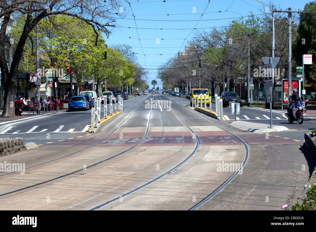 Tram tracks in the middle of Victoria Road at Albert Village, South Melbourne, Victoria