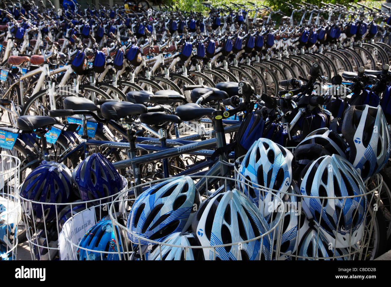 Bicycle helmets and rental bicycles. Millennium Park, Chicago, Illinois