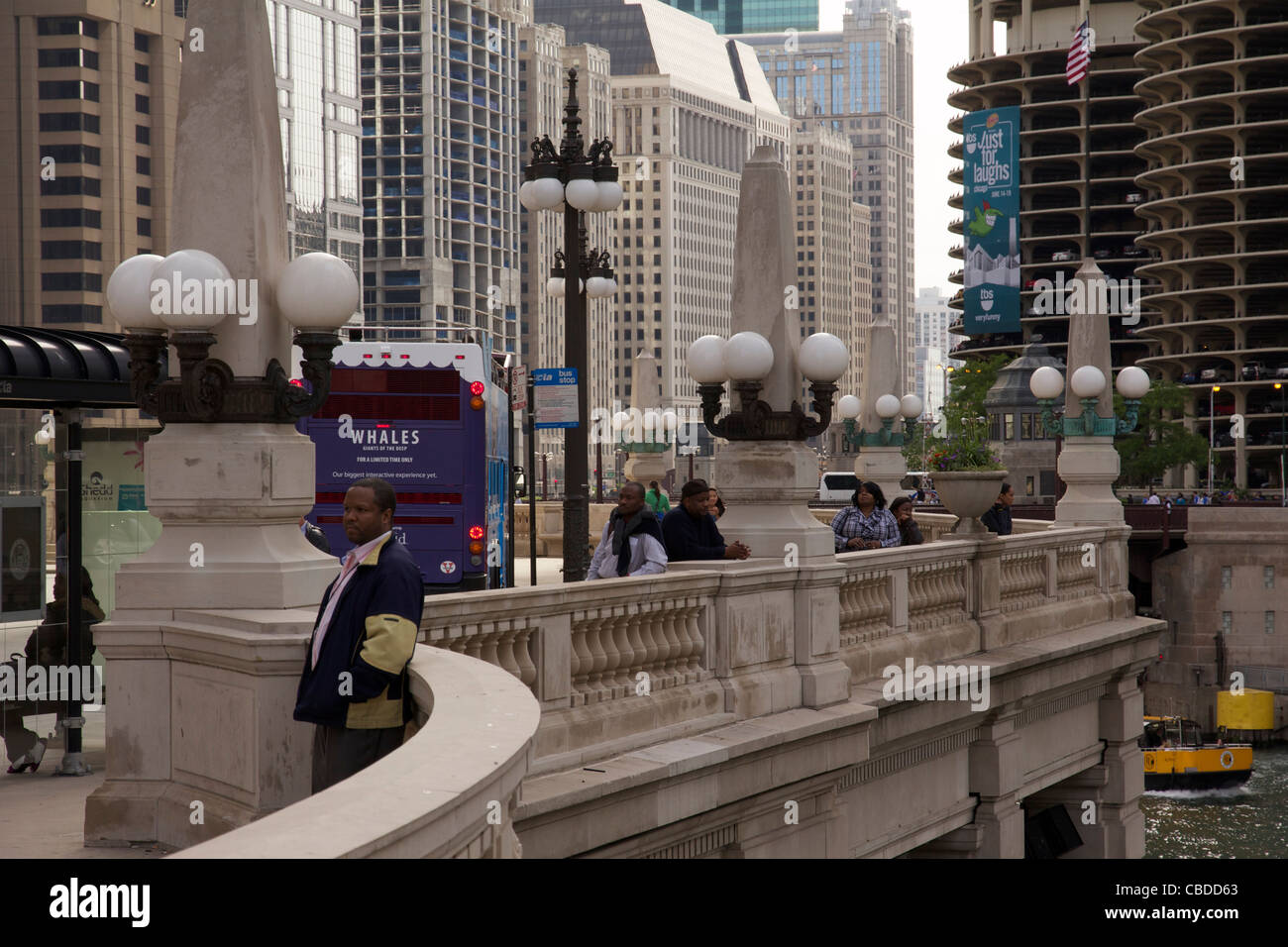 People on Wacker Drive Esplanade near Michigan Avenue Chicago Illinois