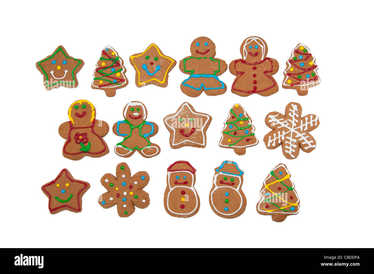 Colorful, glazed gingerbread Christmas cookies on white background Stock Photo